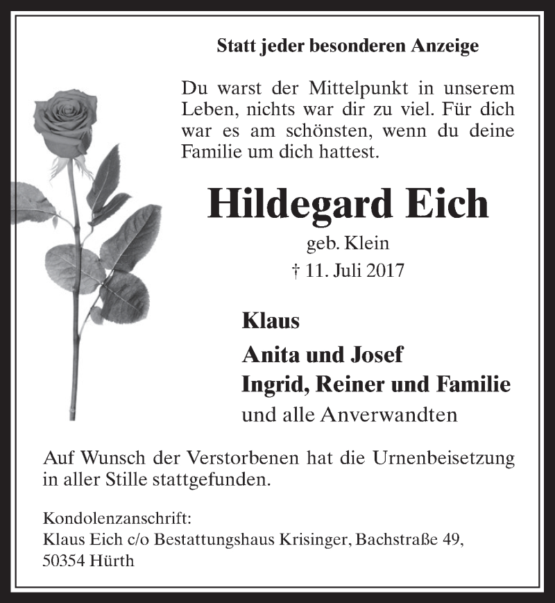  Traueranzeige für Hildegard Eich vom 02.08.2017 aus  Wochenende 