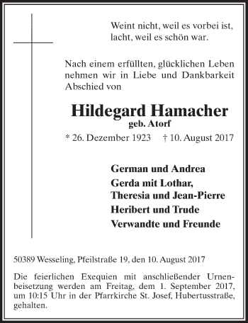 Anzeige von Hildegard Hamacher von  Schlossbote/Werbekurier 