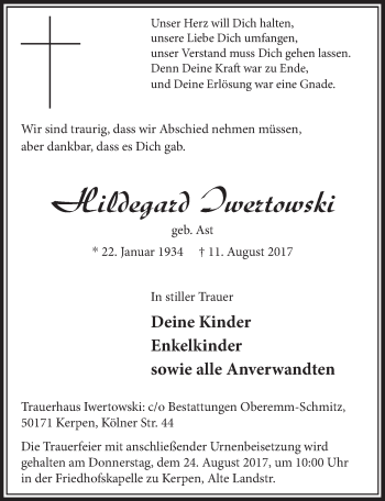 Anzeige von Hildegard Iwertowski von  Sonntags-Post 
