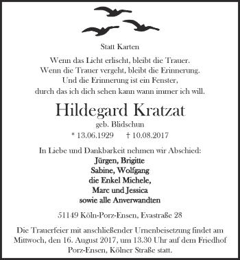 Anzeige von Hildegard Kratzat von  Kölner Wochenspiegel 