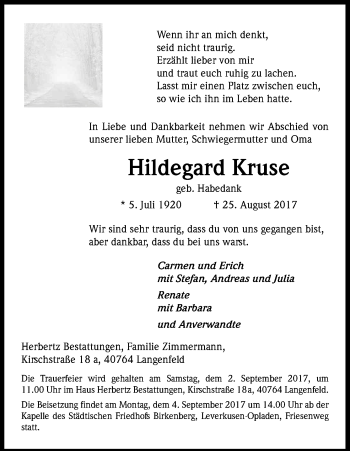 Anzeige von Hildegard Kruse von Kölner Stadt-Anzeiger / Kölnische Rundschau / Express