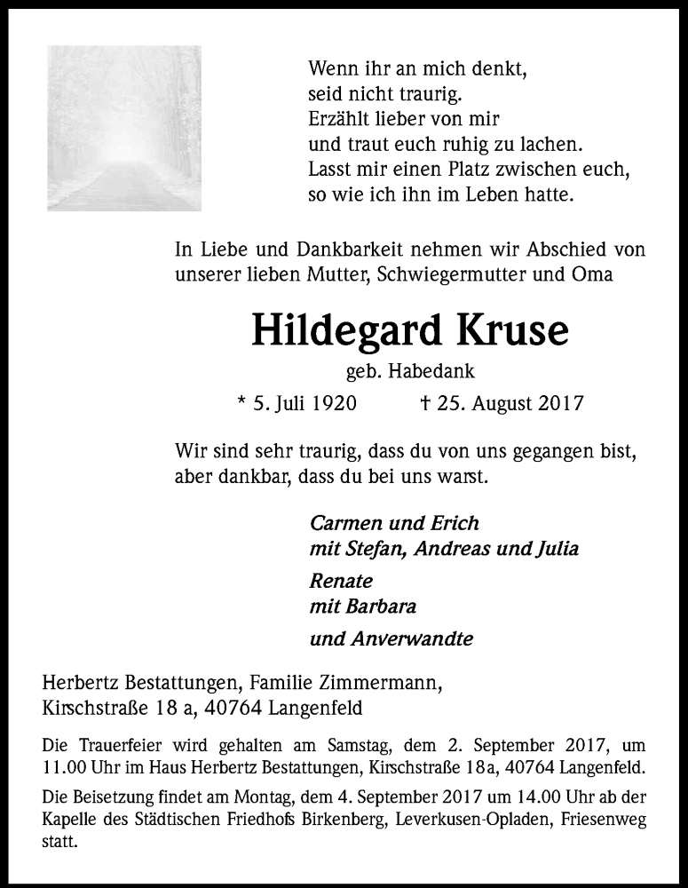  Traueranzeige für Hildegard Kruse vom 30.08.2017 aus Kölner Stadt-Anzeiger / Kölnische Rundschau / Express