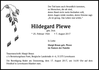 Anzeige von Hildegard Plewe von Kölner Stadt-Anzeiger / Kölnische Rundschau / Express