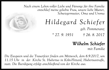 Anzeige von Hildegard Schiefer von Kölner Stadt-Anzeiger / Kölnische Rundschau / Express