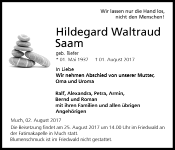 Anzeige von Hildegard Waltraud Saam von Kölner Stadt-Anzeiger / Kölnische Rundschau / Express