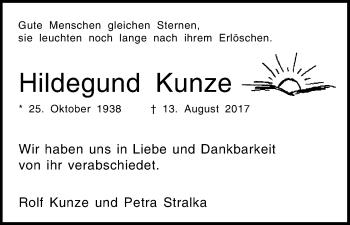 Anzeige von Hildegund Kunze von Kölner Stadt-Anzeiger / Kölnische Rundschau / Express
