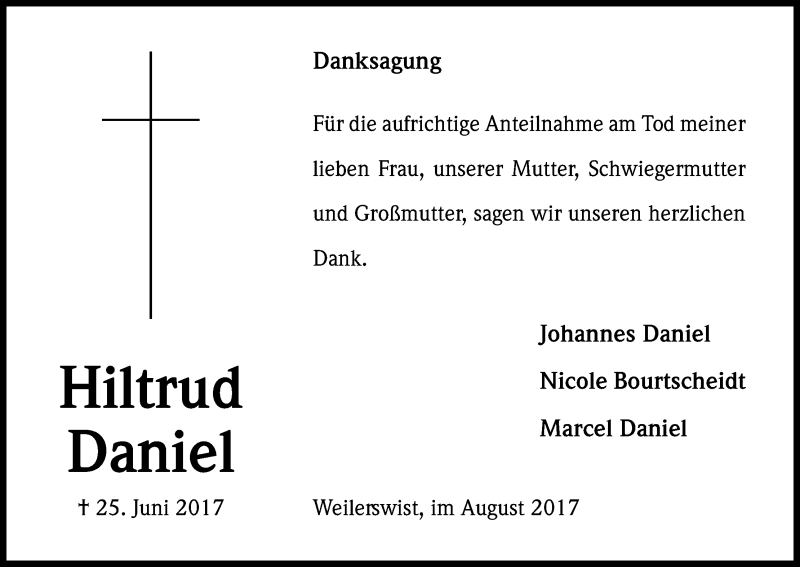 Traueranzeige für Hiltrud Daniel vom 12.08.2017 aus Kölner Stadt-Anzeiger / Kölnische Rundschau / Express