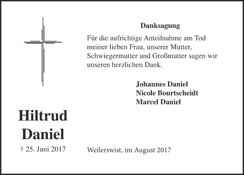  Traueranzeige für Hiltrud Daniel vom 12.08.2017 aus  Blickpunkt Euskirchen 