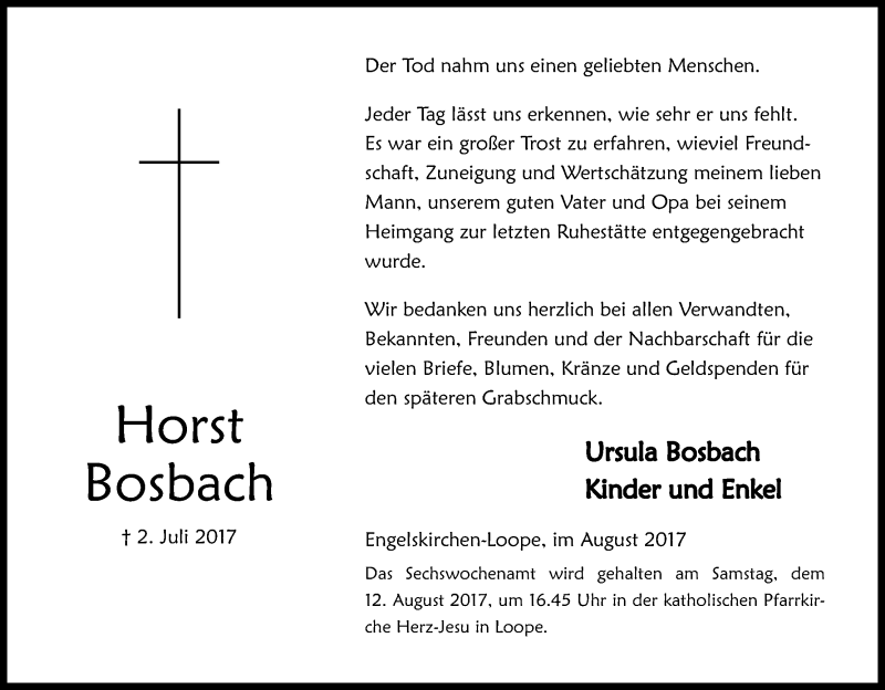  Traueranzeige für Horst Bosbach vom 03.08.2017 aus Kölner Stadt-Anzeiger / Kölnische Rundschau / Express