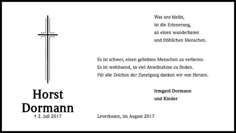  Traueranzeige für Horst Dormann vom 12.08.2017 aus Kölner Stadt-Anzeiger / Kölnische Rundschau / Express