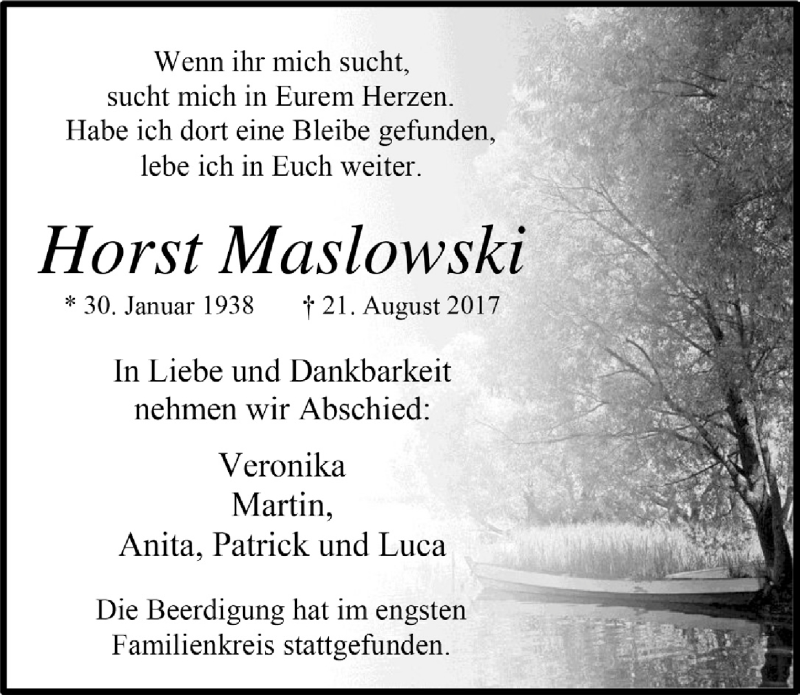  Traueranzeige für Horst Maslowski vom 30.08.2017 aus  Bergisches Handelsblatt 