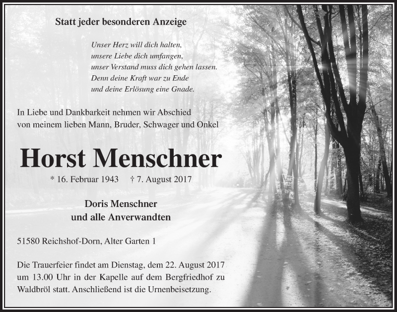  Traueranzeige für Horst Menschner vom 16.08.2017 aus  Anzeigen Echo 