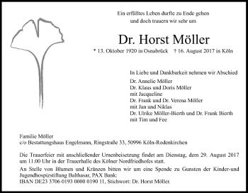 Anzeige von Horst Möller von Kölner Stadt-Anzeiger / Kölnische Rundschau / Express
