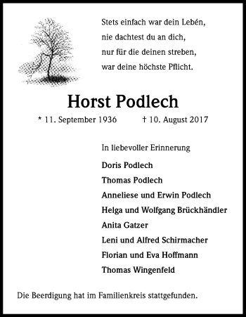 Anzeige von Horst Podlech von Kölner Stadt-Anzeiger / Kölnische Rundschau / Express