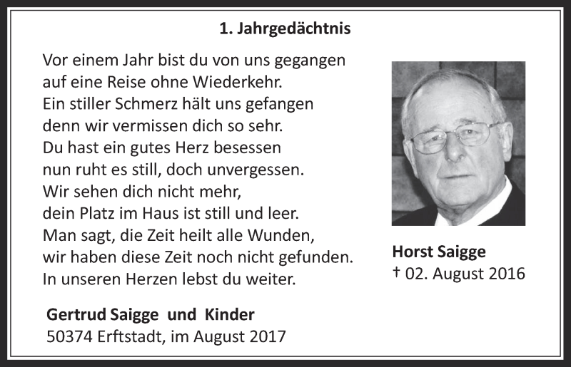  Traueranzeige für Horst Saigge vom 02.08.2017 aus  Werbepost 