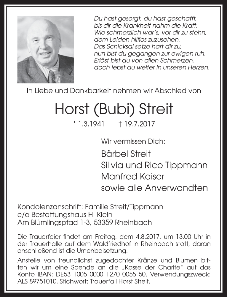  Traueranzeige für Horst Streit vom 02.08.2017 aus  Schaufenster/Blickpunkt 