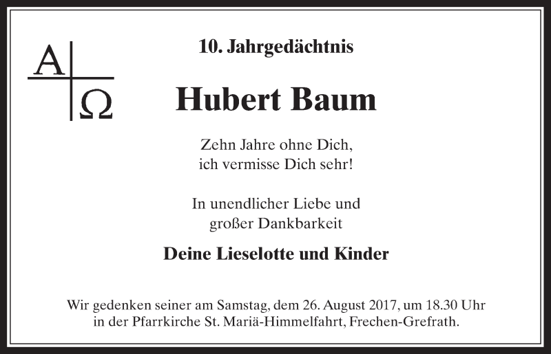  Traueranzeige für Hubert Baum vom 23.08.2017 aus  Wochenende 