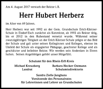 Anzeige von Hubert Herberz von Kölner Stadt-Anzeiger / Kölnische Rundschau / Express