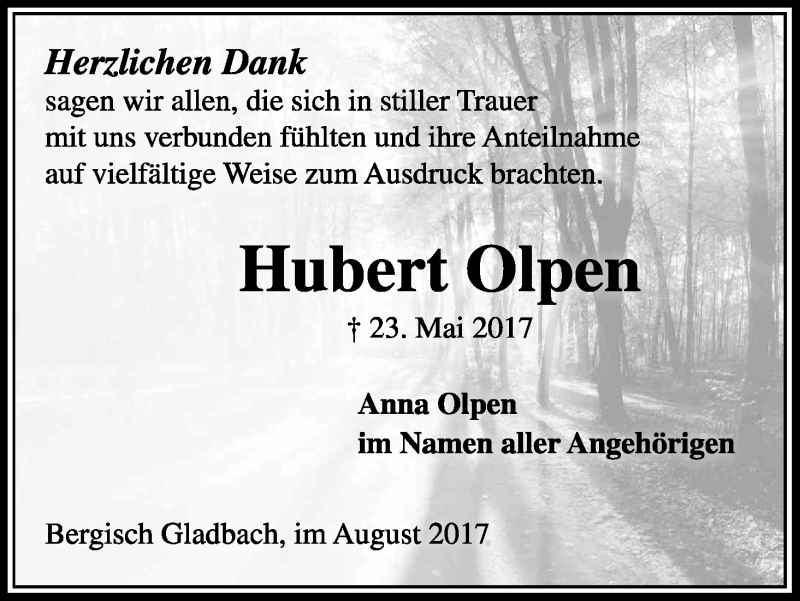  Traueranzeige für Hubert Olpen vom 05.08.2017 aus Kölner Stadt-Anzeiger / Kölnische Rundschau / Express