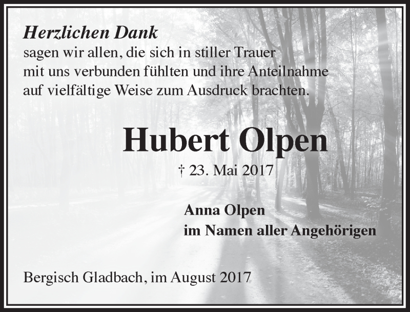  Traueranzeige für Hubert Olpen vom 02.08.2017 aus  Bergisches Handelsblatt 