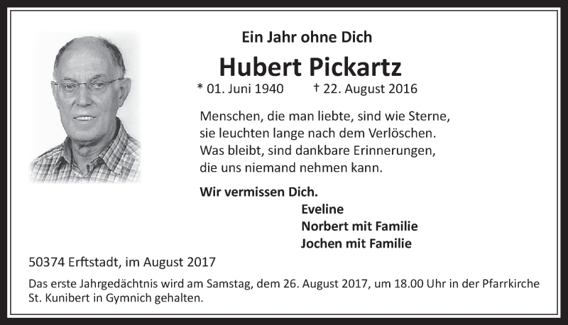  Traueranzeige für Hubert Pickartz vom 23.08.2017 aus  Werbepost 
