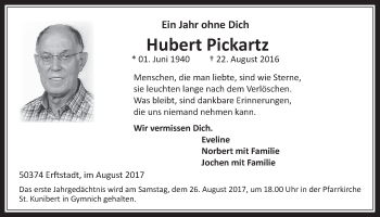 Anzeige von Hubert Pickartz von  Werbepost 