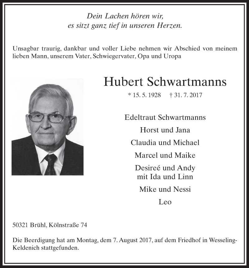  Traueranzeige für Hubert Schwartmanns vom 09.08.2017 aus  Schlossbote/Werbekurier 