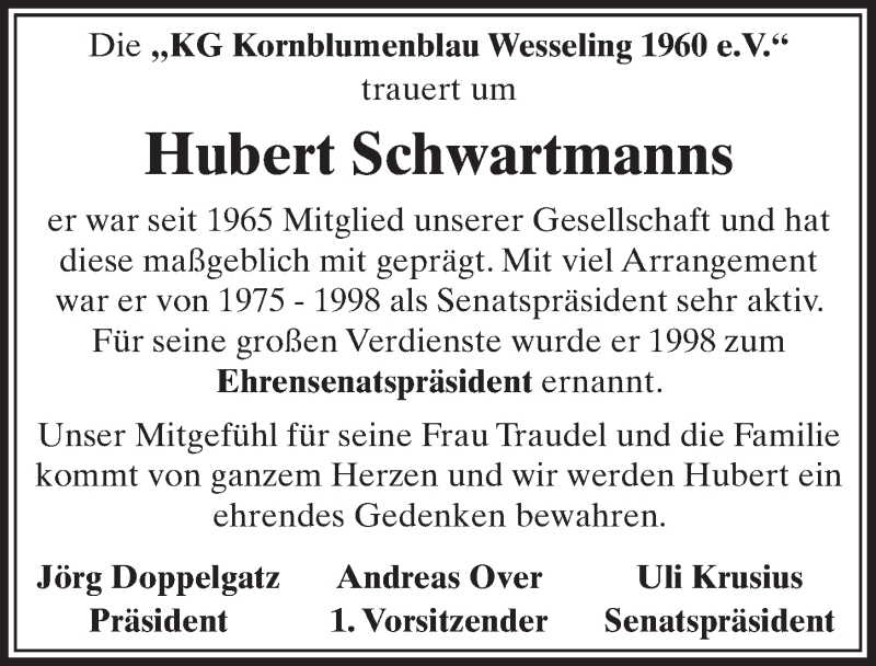  Traueranzeige für Hubert Schwartmanns vom 09.08.2017 aus  Schlossbote/Werbekurier 