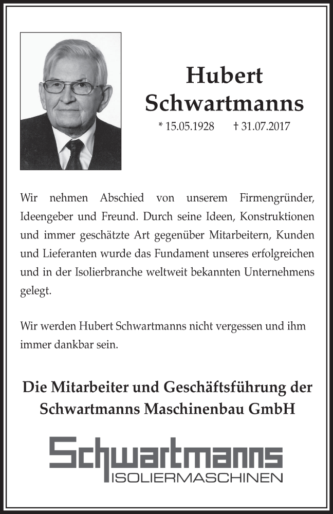  Traueranzeige für Hubert Schwartmanns vom 09.08.2017 aus  Schlossbote/Werbekurier 