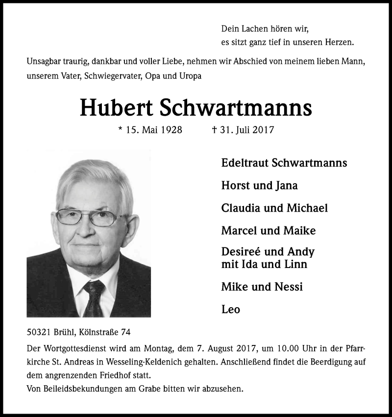  Traueranzeige für Hubert Schwartmanns vom 03.08.2017 aus Kölner Stadt-Anzeiger / Kölnische Rundschau / Express