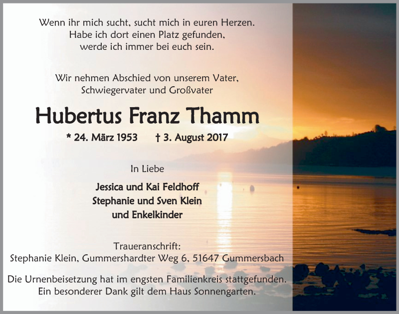  Traueranzeige für Hubertus Franz Thamm vom 09.08.2017 aus  Anzeigen Echo 