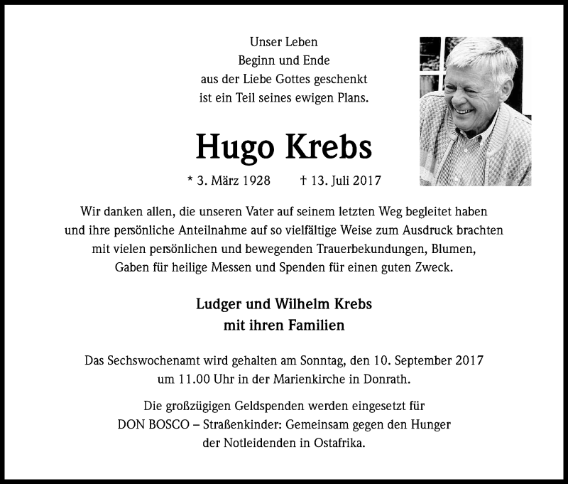  Traueranzeige für Hugo Krebs vom 12.08.2017 aus Kölner Stadt-Anzeiger / Kölnische Rundschau / Express