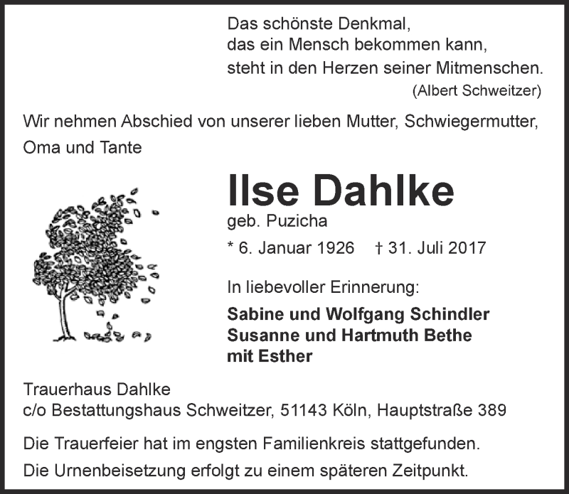  Traueranzeige für Ilse Dahlke vom 09.08.2017 aus  Kölner Wochenspiegel 