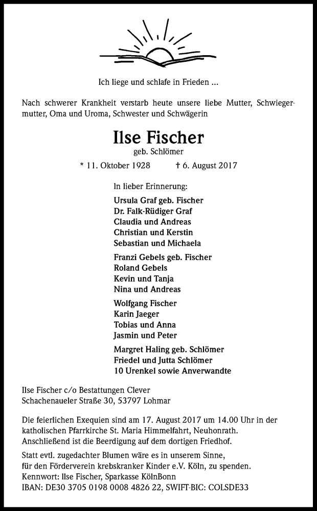  Traueranzeige für Ilse Fischer vom 12.08.2017 aus Kölner Stadt-Anzeiger / Kölnische Rundschau / Express