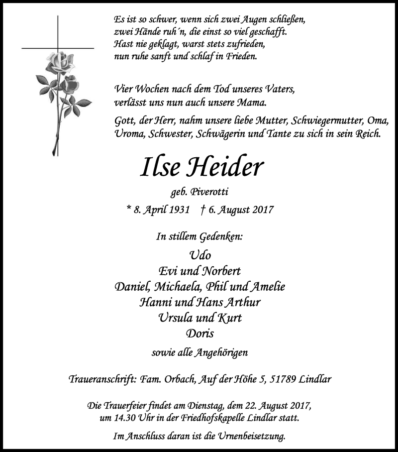  Traueranzeige für Ilse Heider vom 12.08.2017 aus Kölner Stadt-Anzeiger / Kölnische Rundschau / Express