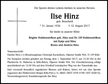 Anzeige von Ilse Hinz von Kölner Stadt-Anzeiger / Kölnische Rundschau / Express