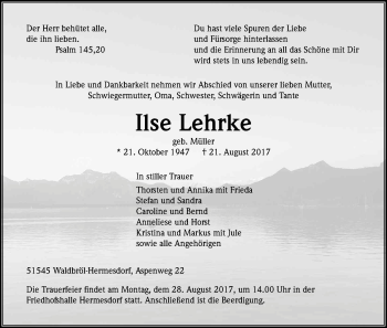 Anzeige von Ilse Lehrke von Kölner Stadt-Anzeiger / Kölnische Rundschau / Express