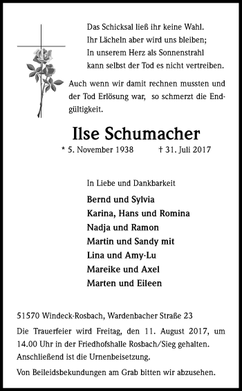 Anzeige von Ilse Schumacher von Kölner Stadt-Anzeiger / Kölnische Rundschau / Express