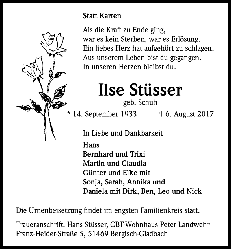  Traueranzeige für Ilse Stüsser vom 12.08.2017 aus Kölner Stadt-Anzeiger / Kölnische Rundschau / Express