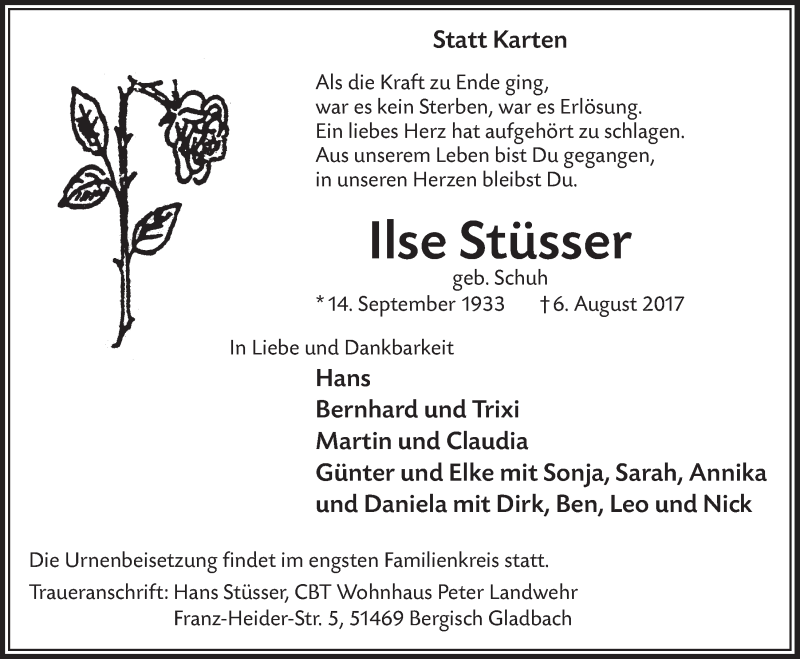  Traueranzeige für Ilse Stüsser vom 09.08.2017 aus  Bergisches Handelsblatt 