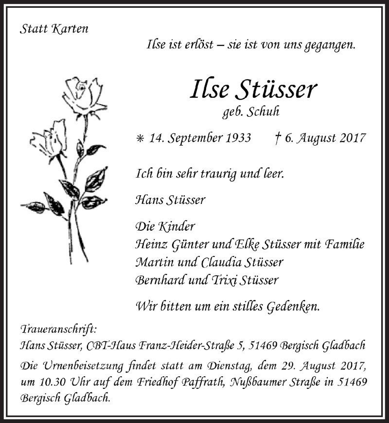  Traueranzeige für Ilse Stüsser vom 12.08.2017 aus  Bergisches Sonntagsblatt 