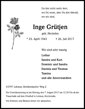 Anzeige von Inge Grütjen von Kölner Stadt-Anzeiger / Kölnische Rundschau / Express
