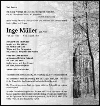 Anzeige von Inge Müller von Kölner Stadt-Anzeiger / Kölnische Rundschau / Express