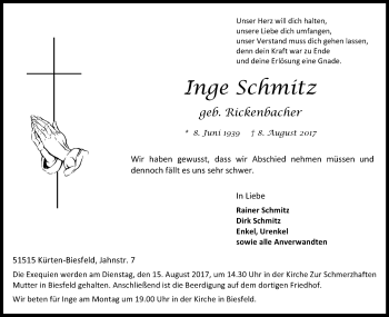 Anzeige von Inge Schmitz von Kölner Stadt-Anzeiger / Kölnische Rundschau / Express