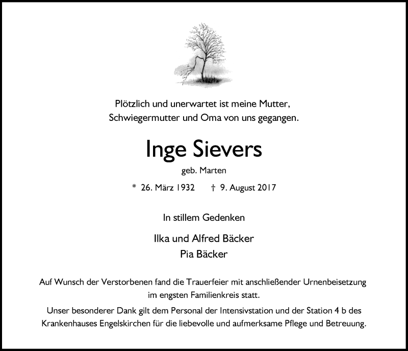 Traueranzeige für Inge Sievers vom 23.08.2017 aus  Anzeigen Echo 
