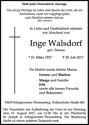 Anzeige von Inge Walsdorf von Kölner Stadt-Anzeiger / Kölnische Rundschau / Express