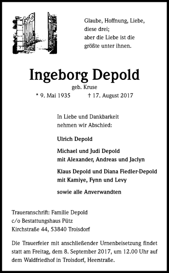 Anzeige von Ingeborg Depold von Kölner Stadt-Anzeiger / Kölnische Rundschau / Express