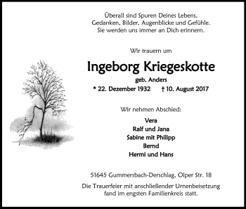 Anzeige von Ingeborg Kriegeskotte von Kölner Stadt-Anzeiger / Kölnische Rundschau / Express