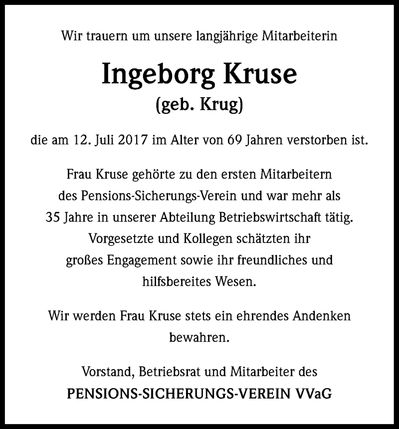  Traueranzeige für Ingeborg Kruse vom 05.08.2017 aus Kölner Stadt-Anzeiger / Kölnische Rundschau / Express