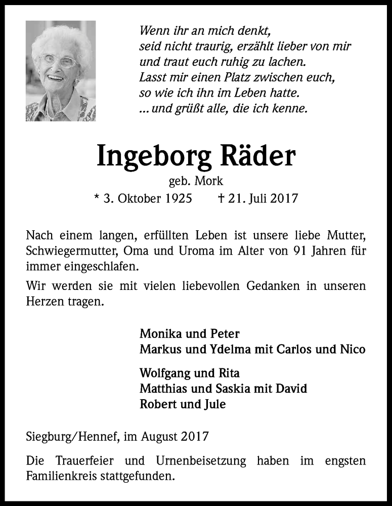  Traueranzeige für Ingeborg Räder vom 02.08.2017 aus Kölner Stadt-Anzeiger / Kölnische Rundschau / Express